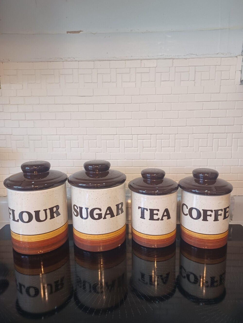 Vintage Ceramic Kitchen Canister Storage Earthtones 70's Flour Sugar Tea Coffee